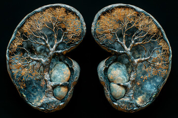 Wall Mural - A pair of kidneys shaped like trees, with branches spreading out to symbolize their function in filtering and detoxifying the body. Concept of health.