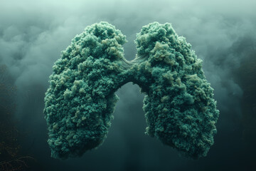 Poster - a pair of lungs made of smoke from factory chimneys, illustrating the impact of pollution on respira