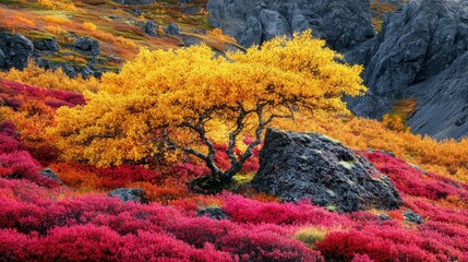 Canvas Print - Golden Tree and Crimson Bushes Against a Gray Rock Face