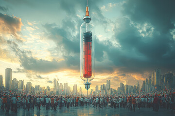 Poster - A massive syringe towering above a crowd of people, representing the influence of healthcare and pharmaceutical industries. Concept of business.