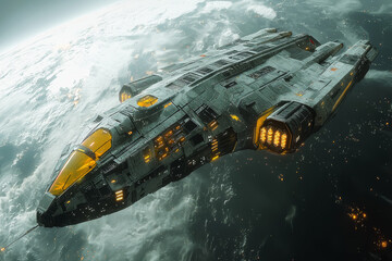 Poster - a massive alien ship orbiting a distant planet, representing the technological advancement of alien 