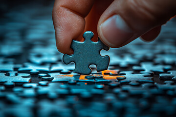 Poster - a large hand placing puzzle pieces shaped like business icons into place, symbolizing the strategic 