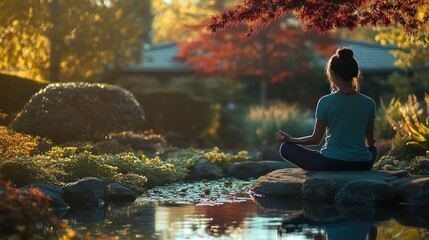 Poster - Woman Meditating on a Rock by a Pond in a Tranquil Garden