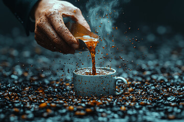 Poster - a giant hand pouring coffee into a cup held by a tired businessperson, symbolizing the fuel and ener