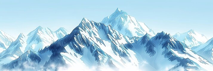 Poster - Breathtaking peaks rise majestically against a clear blue sky, bathed in early morning light, with wispy clouds drifting below. Generative AI