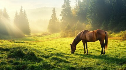 Wall Mural - A lone brown horse grazing in a misty meadow bathed in golden sunlight