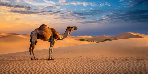 Wall Mural - Camel Standing in Desert Landscape at Sunset