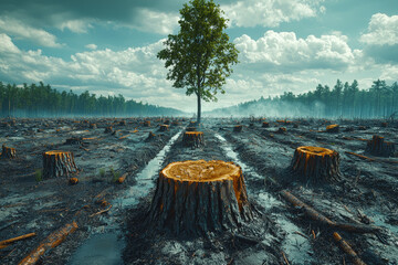 Wall Mural - A deforested area with stumps as far as the eye can see, representing environmental destruction. Concept of environmental collapse.