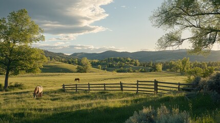 Poster - Two Horses Grazing in a Green Field with a Wooden Fence and Rolling Hills in the Background