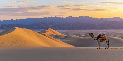 Poster - A lone camel in the desert at sunset with distant mountains