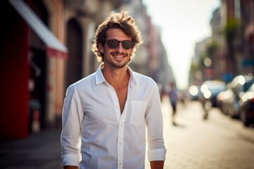 Wall Mural - A man in a white shirt is smiling and standing on a city street