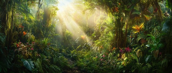 Poster - Sunbeams Illuminating a Lush Tropical Rainforest