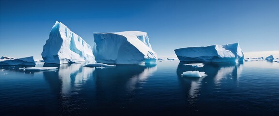 blue icebergs floating in a calm ocean