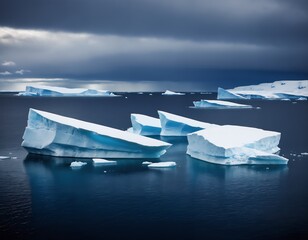 icy blue icebergs floating in a dark ocean