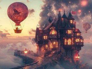 Sticker - Enchanted Castle in the Clouds: A Fantasy Hot Air Balloon Journey