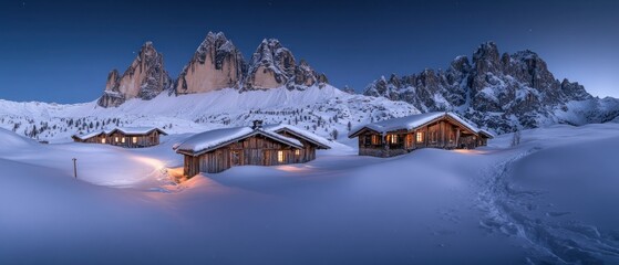 Canvas Print - Cozy Cabins Nestled in Snowy Mountain Valley under a Starry Night