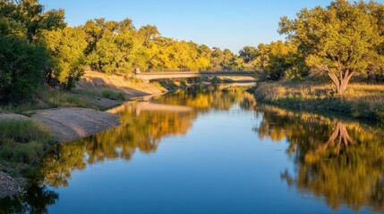 Sticker - Bridge Over a River with Autumn Trees Reflecting in the Water