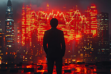 Poster - A businessman standing in front of a downward-trending stock chart, symbolizing the loss of wealth and value. Concept of business.