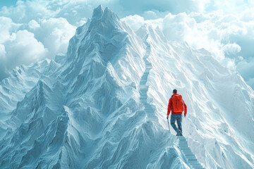 Poster - a businessman scaling a mountain made of bar graphs, representing the climb to the top in a competit