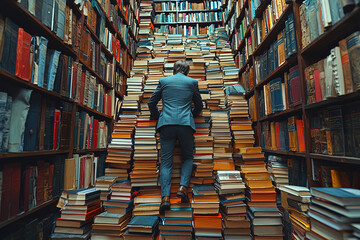 Poster - a businessman climbing up a staircase of books, symbolizing the importance of knowledge and educatio