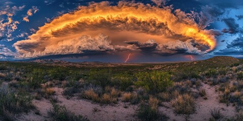 Canvas Print - Golden Sunset Storm Clouds Over Desert Landscape with Lightning Strikes