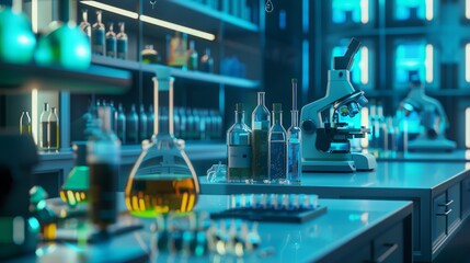 Poster - A well-organized laboratory features glassware and a microscope under blue ambient lighting, ideal for scientific research and experiments. Generative AI