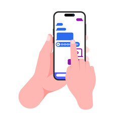 Poster - Smartphone Texting in Hand: Online Messenger App for Chatting and Instant Communication. Flat Vector Illustration