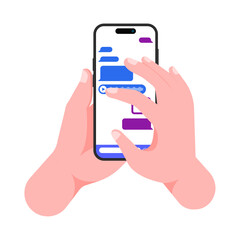 Poster - Smartphone Texting in Hand: Online Messenger App for Chatting and Instant Communication. Flat Vector Illustration