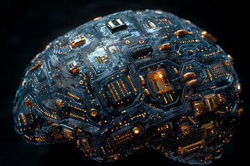 Poster - A brain made of circuit boards, illustrating the fusion of technology and mental health. Concept of health.