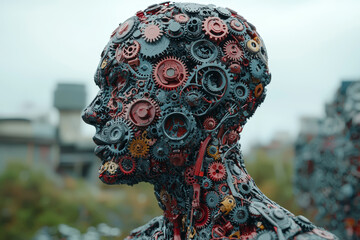 Poster - A body made of gears and mechanical parts, illustrating the mechanical functions of the human body in maintaining health. Concept of health.