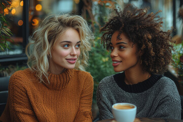 Wall Mural - Two friends sitting at a cafe, chatting over coffee, completely immersed in conversation. Concept of connection.