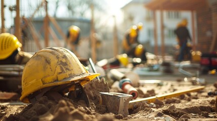 Poster - A repair team is actively engaged in construction work, utilizing tools and materials for site improvements under clear skies. Generative AI