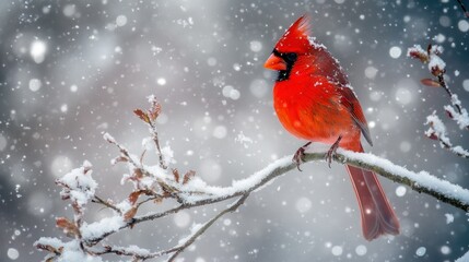 Canvas Print - A Red Cardinal Perched on a Snow-Covered Branch During a Winter Snowfall