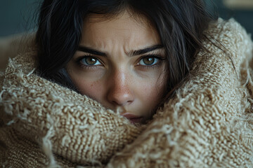 Wall Mural - A woman curled up on a sofa, hiding under a blanket, struggling with social anxiety. Concept of fear.