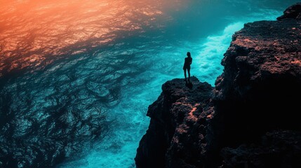 Poster - Silhouette of a Woman Standing on a Cliff Overlooking the Ocean