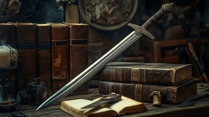 Photo of an ancient sword alongside old books set against a dark background, evoking a medieval theme