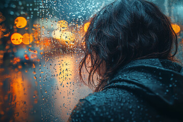 Canvas Print - A person staring out a rainy window, their expression reflecting deep sadness and hopelessness. Concept of despair.