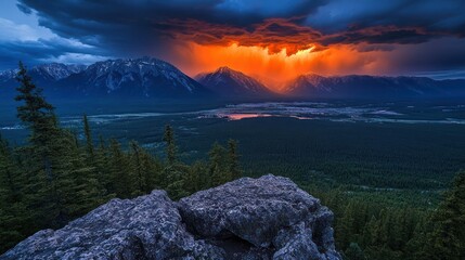 Canvas Print - Fiery Sunset Over Mountain Range and Forest