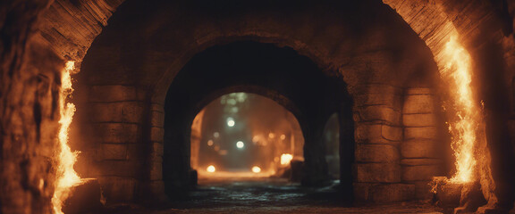 Canvas Print - Evacuation portal in stone arch in burning jungles at night