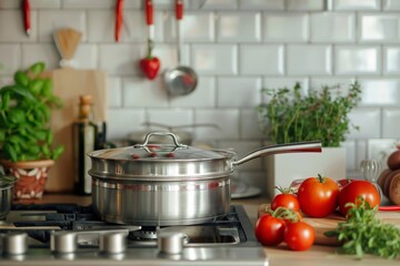 Aufkleber - A stainless steel pot sits on the stove, surrounded by fresh tomatoes and vibrant herbs, creating a lively cooking atmosphere. Generative AI