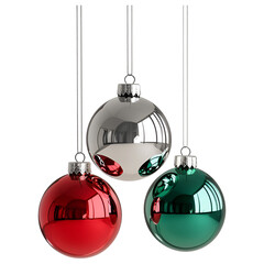 Wall Mural - Set of red, green, and silver Christmas baubles hanging on transparent background.
