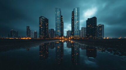 Poster - Skyscrapers Reflected in Still Water at Night