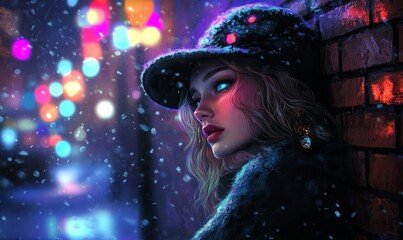 Poster - Girl leaning against a brick wall, snow softly settling on her hat, with neon city lights reflecting off the wet pavement.