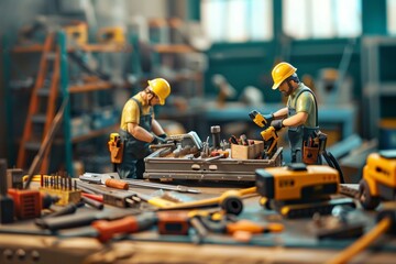Aufkleber - Two technicians are focused on their tasks, utilizing tools and materials at a busy repair site filled with equipment. Generative AI