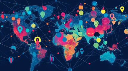 Poster - A stylized world map with interconnected location markers and figures.