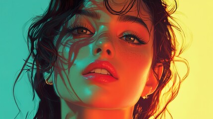 Poster - Close-up Portrait of a Woman with Colorful Lighting