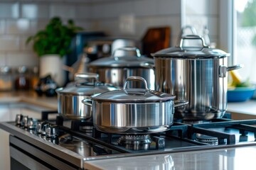 Poster - A well-organized kitchen features shiny stainless steel cookware arranged neatly on a gas stove, illuminated by natural light. Generative AI