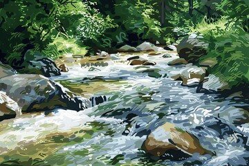 Aufkleber - A peaceful mountain stream cascades over smooth rocks, surrounded by vibrant green foliage under clear daylight. Generative AI