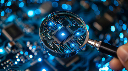 Fototapete - a magnifying glass and futuristic digital datum computer cyber ai chip with circuit light thin lines