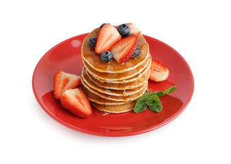 Wall Mural - Plate with tasty pancakes, strawberry and blueberries isolated on white background